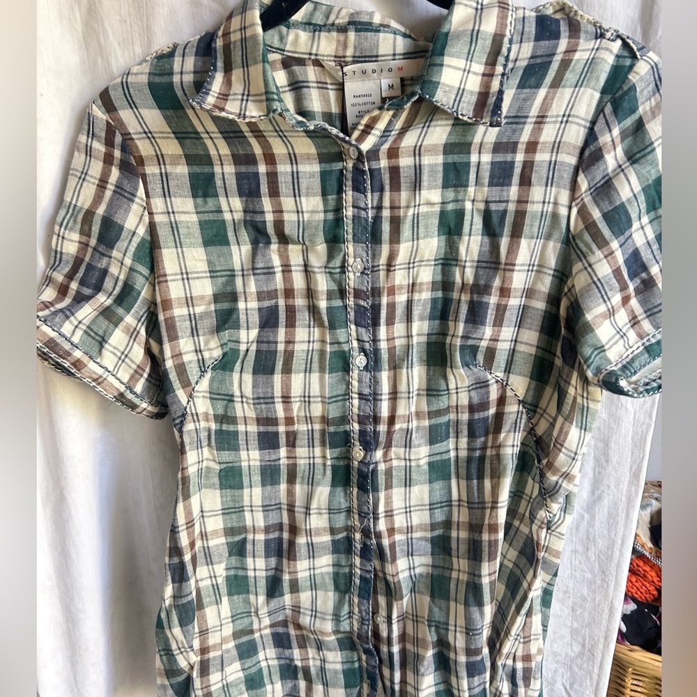 Studio M Green and Brown Plaid Button Down Shirt